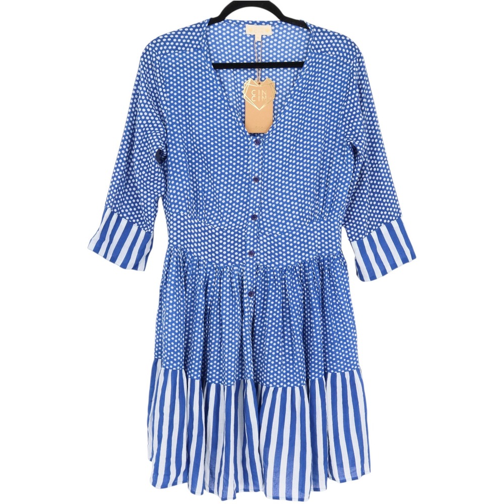 Cin Cin Womens Puck Dress Size M Blue White Polka Dot Striped Cotton Boho Tiered